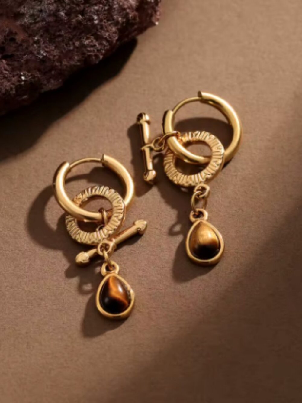 Drop Earrings with Textured Hoop and Natural Stone Teardrop Pendant